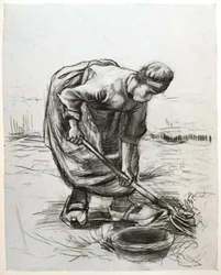 Campesina cavando patatas con cesta